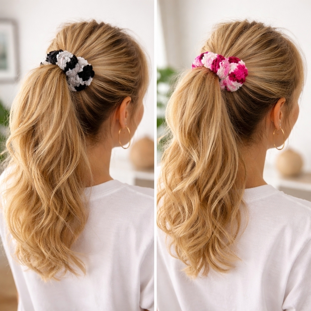 Handmade Varigated Crocheted Scrunchies Ponytail Holder Hair Tie - Set Of 2